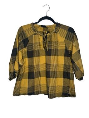 Monoprix womens S linen blend plaid flannel boxy top preppy academia grunge